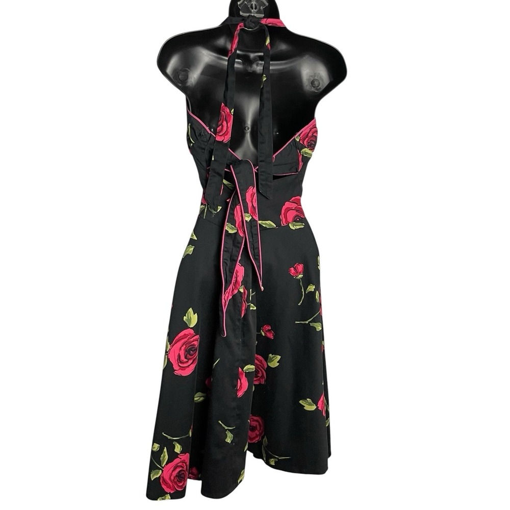 Voodoo Vixen Womens Sweet Vengeance Pinup Halter Dress Size L Black Roses Swing - Picture 2 of 10